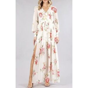 Papaya Women's Maxi Floral Wrap Dress Side Slit Tie Waist Long Sleeve Size S NWT
